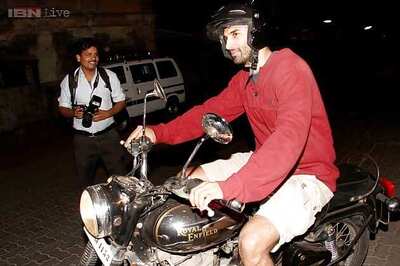 Snapshot: Aditya Roy Kapoor arrives on a Bullet for the screening of 'Hasee Toh Phasee'