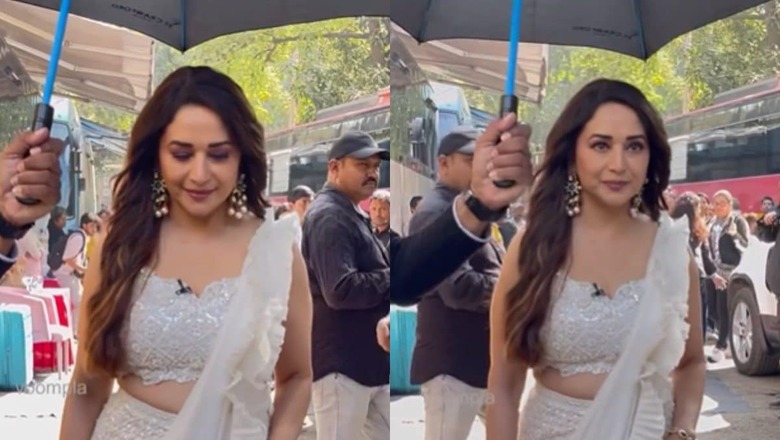 Madhuri Dixit Exudes Elegance In A Shimmery White Saree As She Heads To Dance Deewane Sets, WATCH